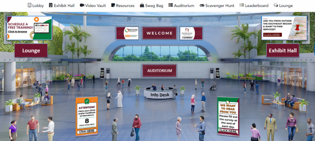 virtual conference interface with a lounge, auditorium, exhibit hall, and animated people