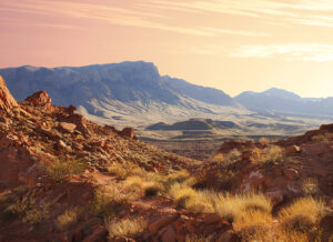 Image features brilliant orange sunset casting light on gargantuan lilac mountains with Nevada sage bush stretching from foreground to the back. Specifically captures the unique sandstone formations and mountains of the Valley of Fire State Park, Nevada at sunset