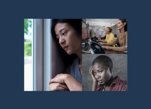 A woman unhappily looking out the window, female workers with headsets on working on their computer, and a women posing with her head resting on her hand looking at the camera.