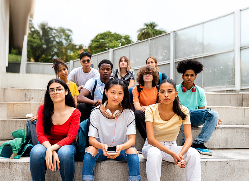 A group of young adults sitting on steps.