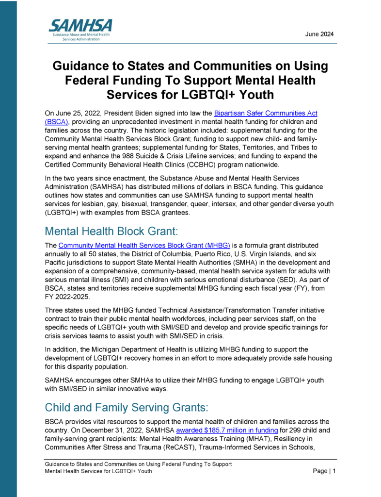 Guidance to States and Communities on Using Federal Funding to Support Mental Health Services for LGBTQI+ Youth by SAMHSA.