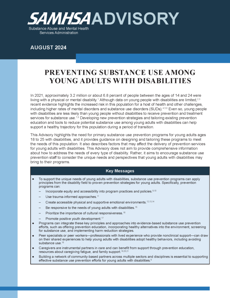 Preventing Substance Use Among Young Adults with Disabilities poster by SAMHSA Advisory.