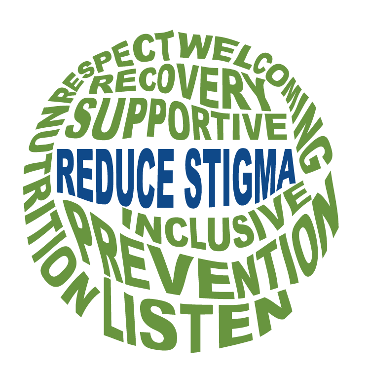 Group of words that say reduce stigma, supportive, recovery, inclusive, prevention, listen, nutrition. respect, and welcoming