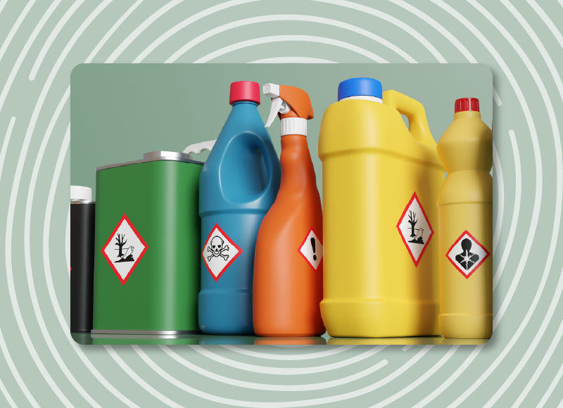 Collection of hazardous materials with warning signs