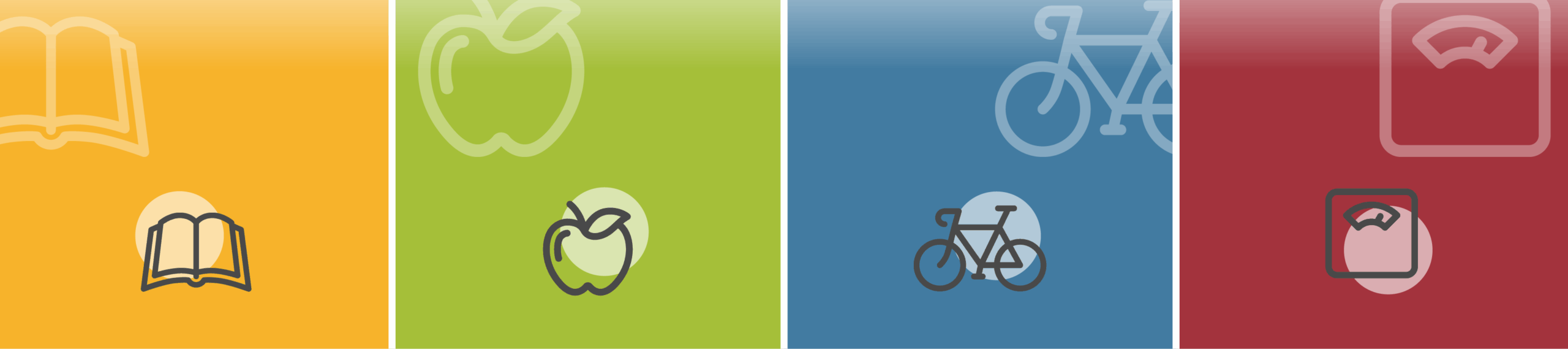 Icons for each topic of the CIP; open book, apple, bicycle, and scale