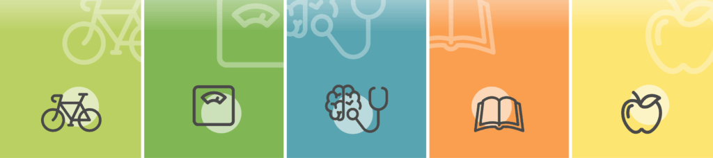 CIP icons include bicycle, scale, brain with stethoscope, open book, and apple.