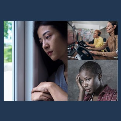 A woman unhappily looking out the window, female workers with headsets on working on their computer, and a women posing with her head resting on her hand looking at the camera.